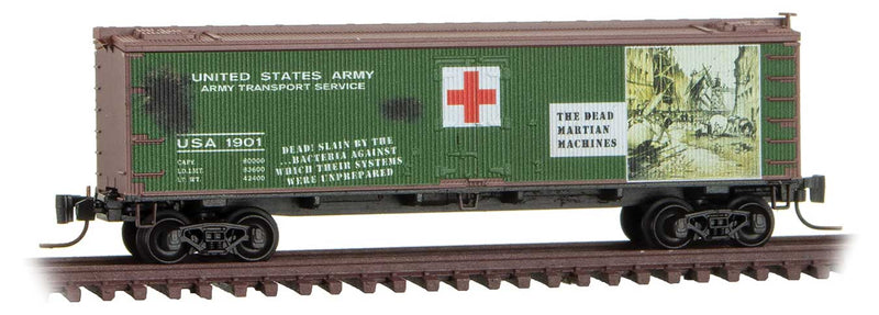40' Double-Sheathed Wood Boxcar w/Vertical Brake Wheel - Ready to Run -- War of the Worlds USA #1901 (green, Boxcar Red, Series #8)