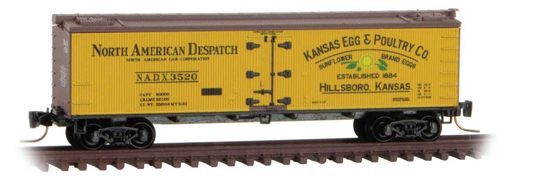 40' Wood-Sheathed Ice Reefer - Ready to Run -- Kansas Egg & Poultry Co. NADX #3520 (yellow, Boxcar Red, red, Poultry Egg #3