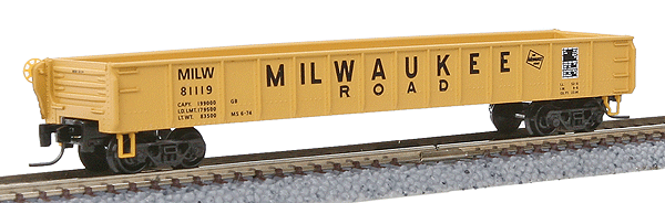 50' Drop End Gondola w/Straight Sides -- Milwaukee Road #81119 (yellow, black Logo & Lettering)