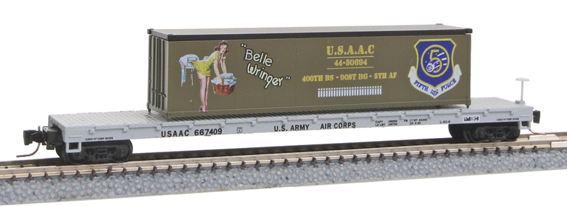 60' Steel Flatcar w/40' Container Load - Ready to Run -- USAAC #667409 (Belle Wringer, #1 in WWII Nose Art Series)-1