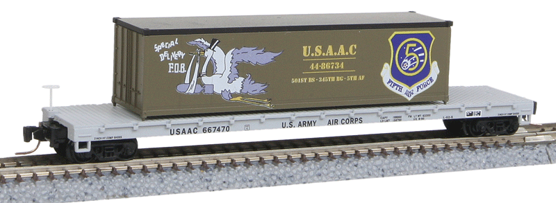 60' Steel Flatcar w/40' Container Load - Ready to Run -- USAAC #667470 (Special Delivery, #9 in WWII Nose Art Series)