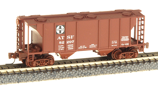 2-Bay Covered Hopper; Santa Fe #82297 (Mineral Red w/Circle Cross) -- Magne-Matic(R) Couplers