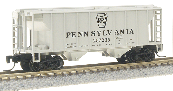PS-2 70-Ton 2-Bay Covered Hopper - Ready to Run -- Pennsylvania Railroad #257223 (gray, black, Shadow Keystone)