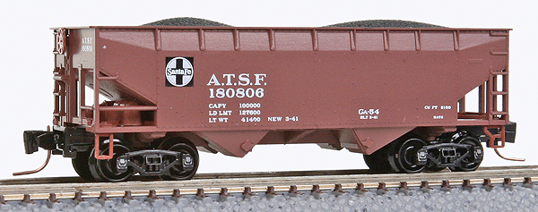 33' 2-Bay Offset-Side Open Hopper w/Load - Ready to Run -- Atchison, Topeka & Santa Fe #180808 (Boxcar Red, black & white Square Logo)