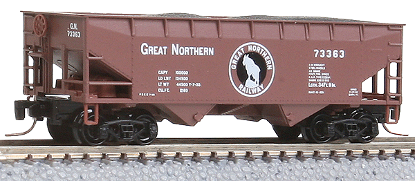 33' 2-Bay Offset-Side Open Hopper w/Load - Ready to Run -- Great Northern #73363 (Boxcar Red, black, white, Profile Rocky Logo)