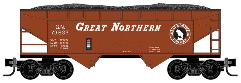 33' 2-Bay Offset-Side Open Hopper with Load - Ready to Run -- Great Northern 73632 (Boxcar Red, black, Rocky Silhouette Logo)