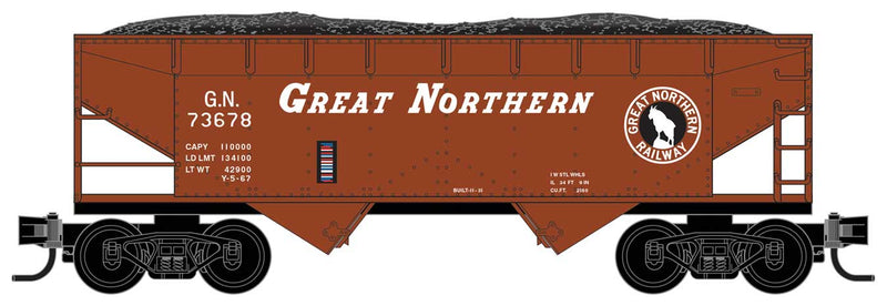 33' 2-Bay Offset-Side Open Hopper with Load - Ready to Run -- Great Northern 73678 (Boxcar Red, black, Rocky Silhouette Logo)