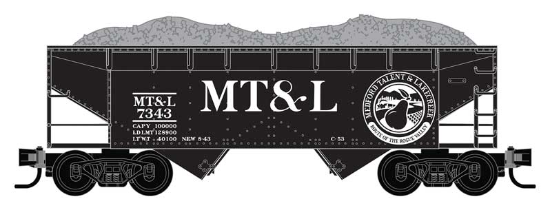 33' 2-Bay Offset-Side Open Hopper w/Load - Ready to Run -- Medford, Talent and Lake Creek #7343 (black, white)