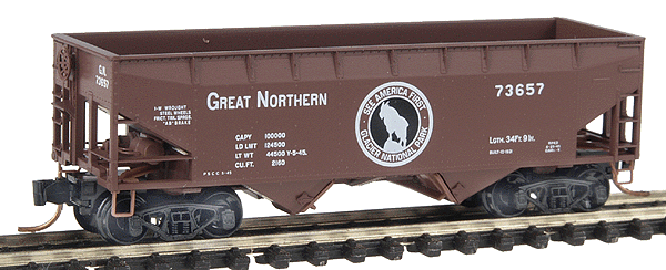 33' Offset Side 2-Bay Hopper -- Great Northern #73657 (Boxcar Red "See America First-Glacier Park Herald)