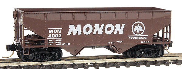 33' Offset Side 2-Bay Hopper -- Monon #4002 (brown, white lettering; "Hoosier Line" herald)