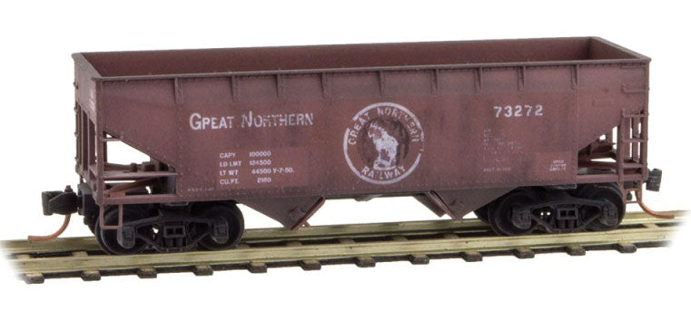 33' 2-Bay Offset-Side Hopper - Ready to Run -- Great Northern #73272 (Weathered, Boxcar Red, Silhouette Logo)