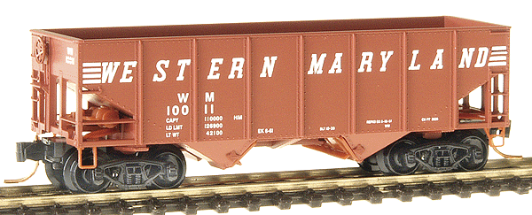 33' H-5 Class 2-Bay Rib Side Hopper -- Western Maryland #10011 (oxide, white speed lettering)
