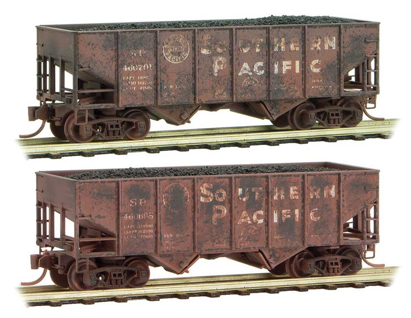 33' 2-Bay Rib-Side Hopper 2-Pack - Ready to Run -- Southern Pacific 460701, 460698 (Weathered, Boxcar Red, Lines Logo)