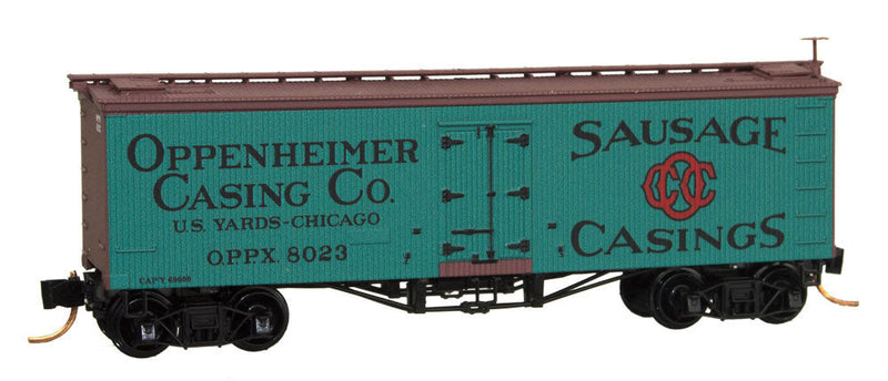 36' Wood-Sheathed Ice Reefer - Ready to Run -- Oppenheimer Casing Company OPPX #8023 (green, Boxcar Red, black red)