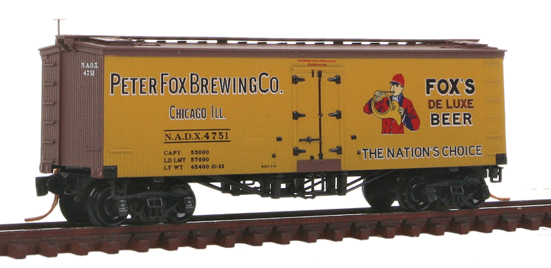 36' Wood-Sheathed Ice Reefer - Ready to Run - Brewery Series -- Peter Fox Brewing Co. NADX #4751 (#9 In Series; yellow, Boxcar Red, red)