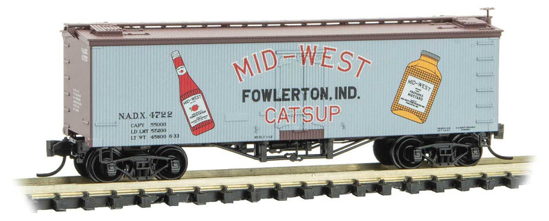36' Wood-Sheathed Ice Reefer - Ready to Run -- Mid-West Catsup Company NADX 4722 (gray, Boxcar Red, Farm to Table 8)