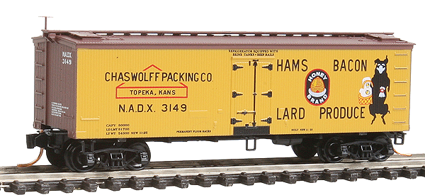 36' Wood-Sheathed Ice Reefer - Ready to Run -- Chaswolff Packing NADX #3149 (yellow, Boxcar Red, black, red)