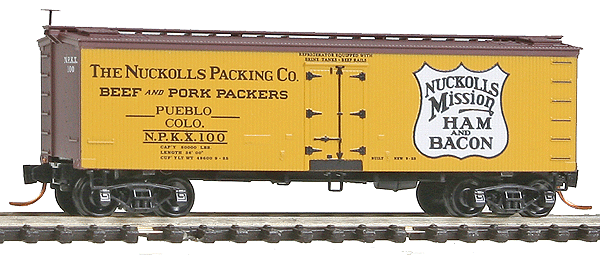 36' Wood-Sheathed Ice Reefer w/Modern Steel Underframe - Ready to Run -- Nuckolls Packing Co. NPKX #100 (yellow, Boxcar Red, blue, black, #12 in Seri
