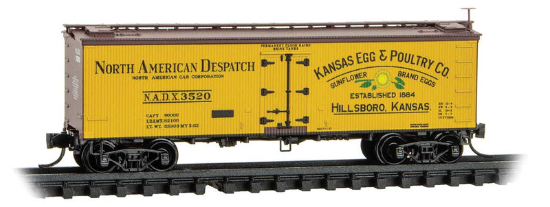 36' Wood-Sheathed Ice Reefer - Ready to Run -- Kansas Egg & Poultry Co. NADX #3520 (yellow, Boxcar Red, red, Poultry Egg #3