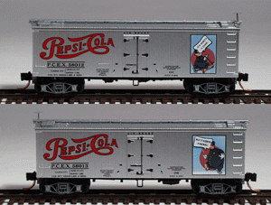 36' Wood Reefer Fantasy Car 2-Pack -- Pepsi & Pete (aluminum, red, black, WWII-era graphics & slogans)