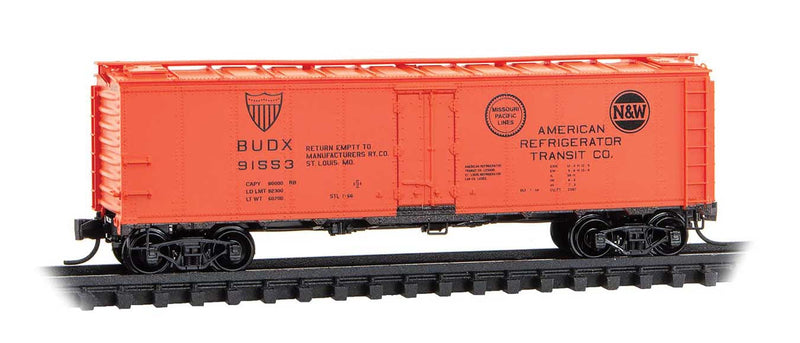 40' Steel Ice Reefer - Ready to Run -- American Refrigerator Transit BUDX #91553 (orange, black, MP & N&W Logos)