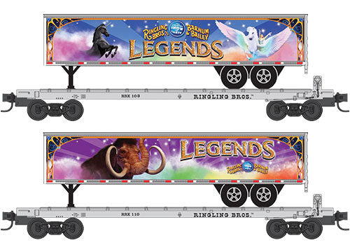 50' Fishbelly Flatcar Side Brakewheel & Trailer Load 2-Pack - Ready to Run -- Ringling Bros. and Barnum & Bailey(TM) Legends (silver w/Multicolor Trailers)