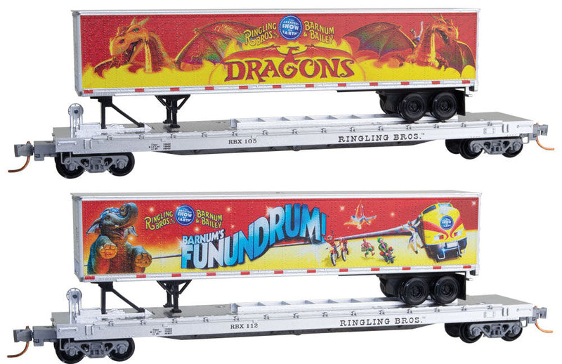 57' 6" TOFC Intermodal Flatcar w/Trailer Load 2-Pack - Ready to Run -- Ringling Bros. and Barnum & Bailey (gray w/Dragon & Funundrum Trailer)