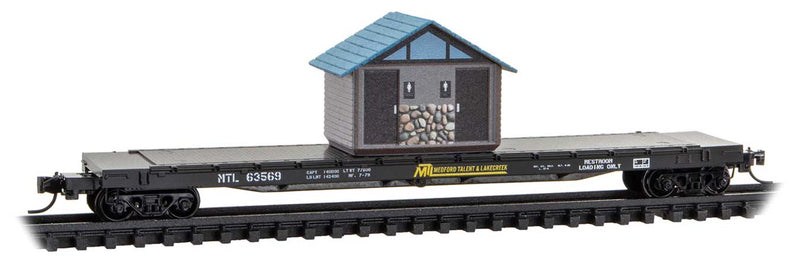 57' 6" Flatcar with Outhouse Load - Ready to Run -- Medford, Talent, & Lakecreek #63569 (April Fools, black, yellow, white)