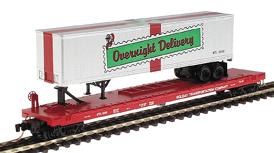 57' 6" TOFC Flatcar w/45' Trailer -- Holiday Transportation Co. Car #12 (red flat; white, red & green trailer)
