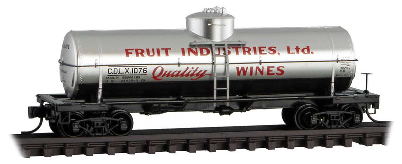 39' Single-Dome Tank Car - Ready to Run -- Fruit Industries CDLX 1076 (silver, red, black, Grape to Glass 12)