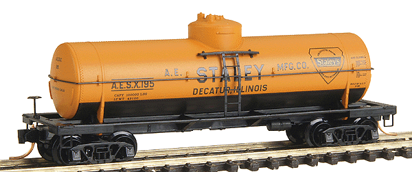 39' Single Dome Tank Car -- A.E. Staley Mfg. Co #195 (orange, black underbelly & frame)