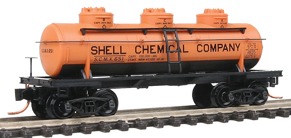 3-Dome Tank Car - Ready to Run -- Shell Chemical Company SCMX #651 (orange, black)