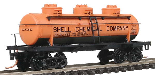 3-Dome Tank Car - Ready to Run -- Shell Chemical Company SCMX #652 (orange, black)