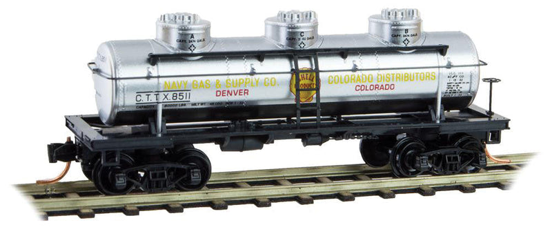 3-Dome Tank Car - Ready to Run -- Navy Gas & Supply Co. CTTX #8511 (silver, black, yellow)