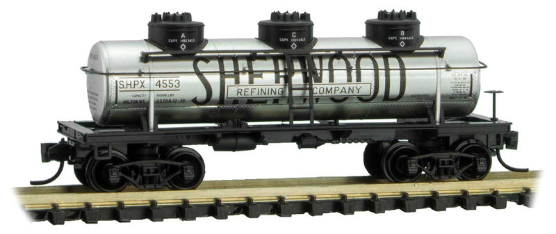 3-Dome Tank Car - Ready to Run -- Sherwood Refining Company SHPX 4553 (silver, black)