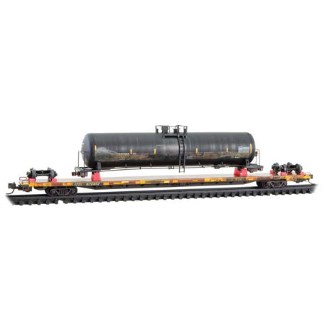 89'4" Flatcar with Wrecked Tank Car Load - Ready to Run -- TTX #972657 (weathered, yellow, black)-1