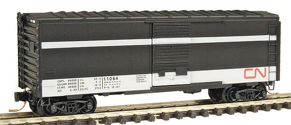 40' Single-Door Boxcar No Roofwalk - Ready to Run -- Canadian National #11078 (Express Scheme, black, white, red Noodle Logo)