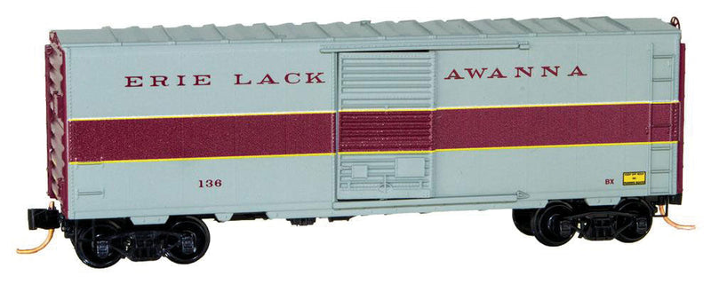 40' Single-Door Boxcar No Roofwalk - Ready to Run -- Erie-Lackawanna #136 (Express Scheme, gray, maroon, yellow)