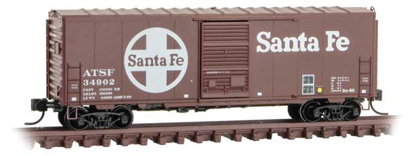 40' Single-Door Boxcar No Roofwalk - Ready to Run -- Santa Fe 34902 (1980, Boxcar Red, white, Large Logo)