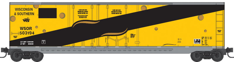 50' Double Plug-Door Boxcar No Roofwalk - Ready to Run -- Wisconsin & Southern #503194 (Ex-Sargento Cheese Car, yellow, black)