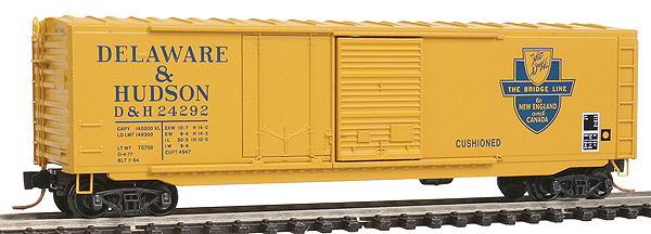 50' Plug & Sliding Door Boxcar No Roofwalk - Ready to Run -- Delaware & Hudson #24292 (yellow, blue, Large Bridge Line Logo)