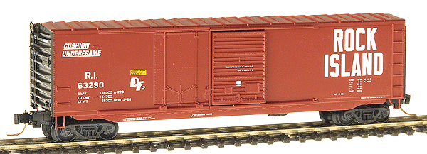 50' PS-1 Standard Boxcar w/Plug & Sliding Doors -- Rock Island #63290 (black ends, oxide, white lettering w/large name)