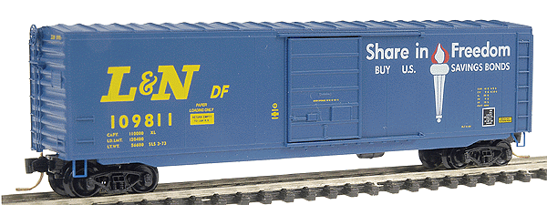 50' Standard Single Door Boxcar w/Superior Doors, No Roofwalk -- Louisville & Nashville #109811 (blue, yellow; "Share in Freedom" logo)