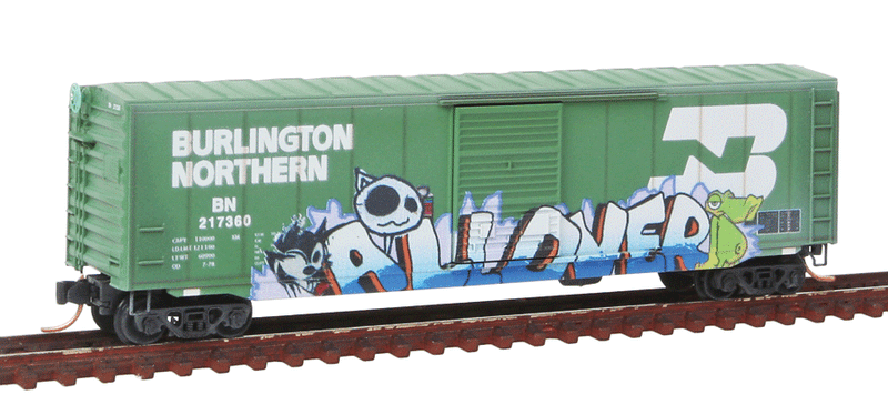 50' Single-Door Boxcar No Roofwalk - Ready to Run -- Bulington Northern #217380 (Weathered, Cascade Green, Graffiti)