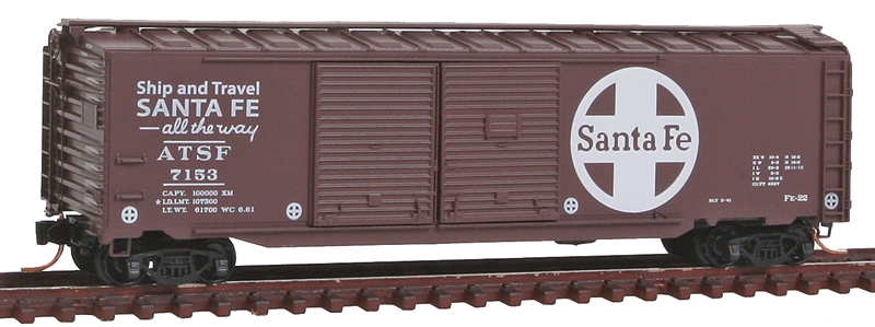 50' Double-Door Auto Boxcar w/End Doors - Ready to Run -- Santa Fe #7153 (Boxcar Red, All the Way Slogan, Large Logo)