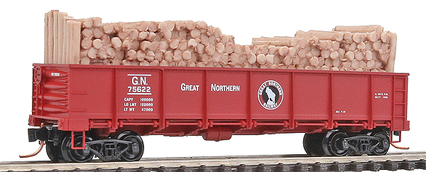 40' Drop Bottom Gondola w/Pulpwood Load -- Great Northern #75622 (Mineral Red, white GN Logo & Lettering)