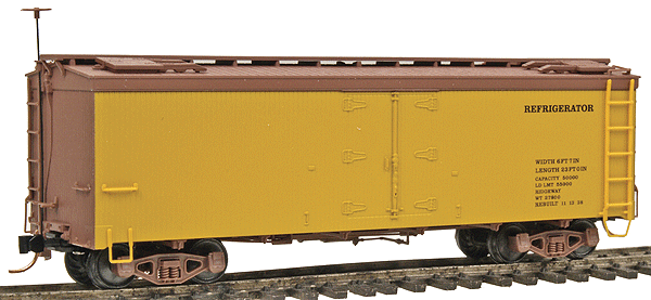 30' Composite-Frame Wood Reefer - Ready to Run -- With Bettendorf Trucks Dimensional Data Only (yellow, brown Roof & Ends)