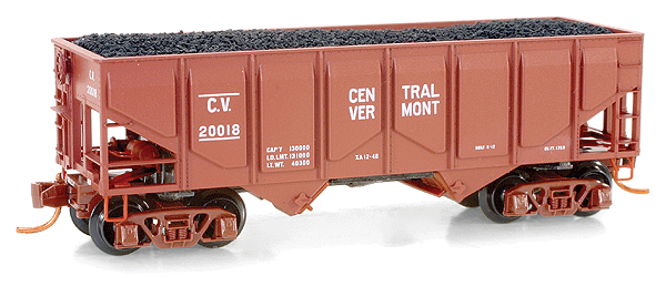 33' Panel-Side Twin Bay Hopper w/Coal Load -- Central Vermont #20018 (Mineral Red, white Herald & Lettering)
