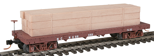 30' Flatcar w/Wood Stack Load -- Nevada County Narrow Guage Railroad #155 (Boxcar Red, white Lettering)