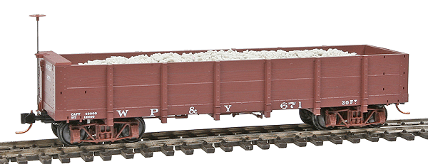 30' Composite Frame Gondola w/Rock Load - Assembled -- White Pass & Yukon #671 (Boxcar Red, white Lettering)
